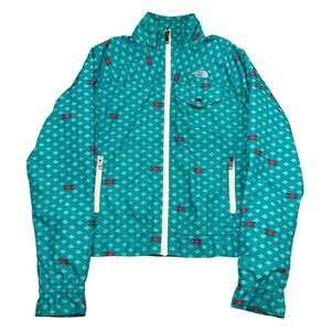 The North Face Jacket Windbreaker Green Aztec Geometric Pockets Ruffle Zip